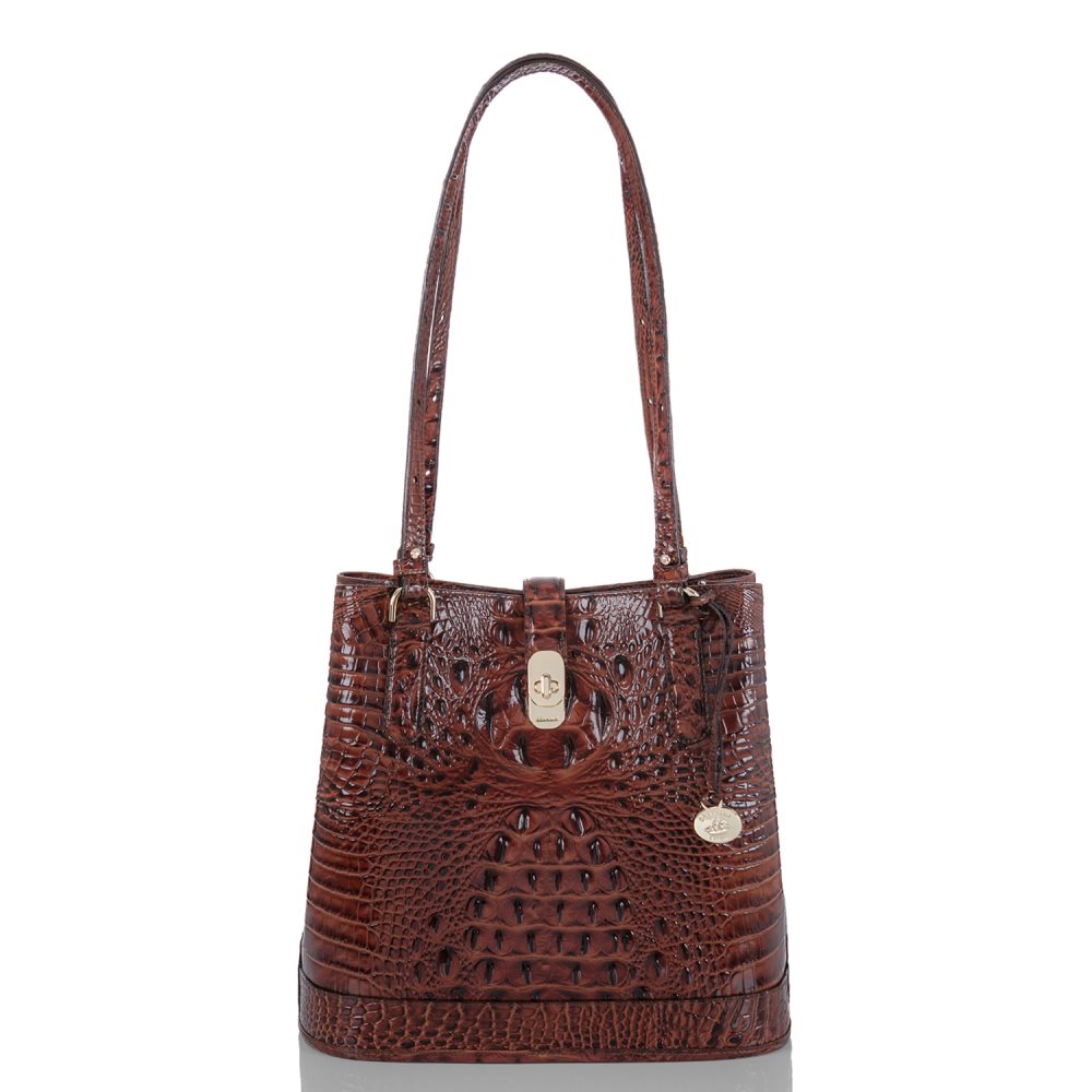 Brahmin | Women's Fiora Brown Leather Bucket Bag | Pecan Melbourne